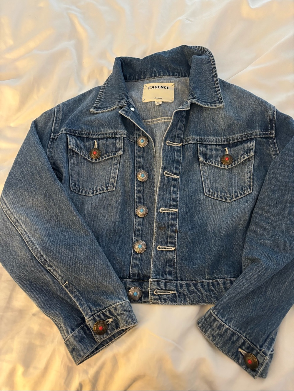 L'AGENCE Medium Blue Cropped Denim Jacket